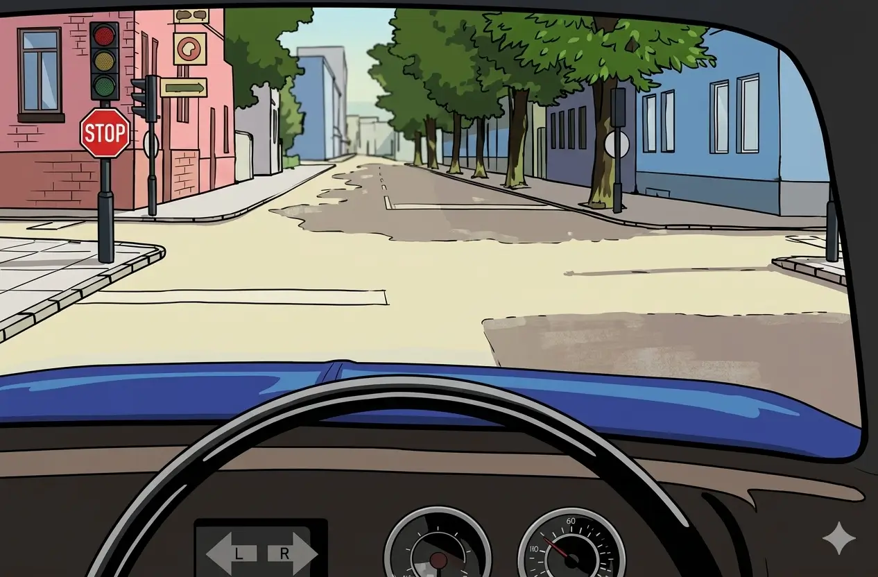 Driver's view of a street intersection with a stop sign, traffic lights showing red, and a stop line on the road